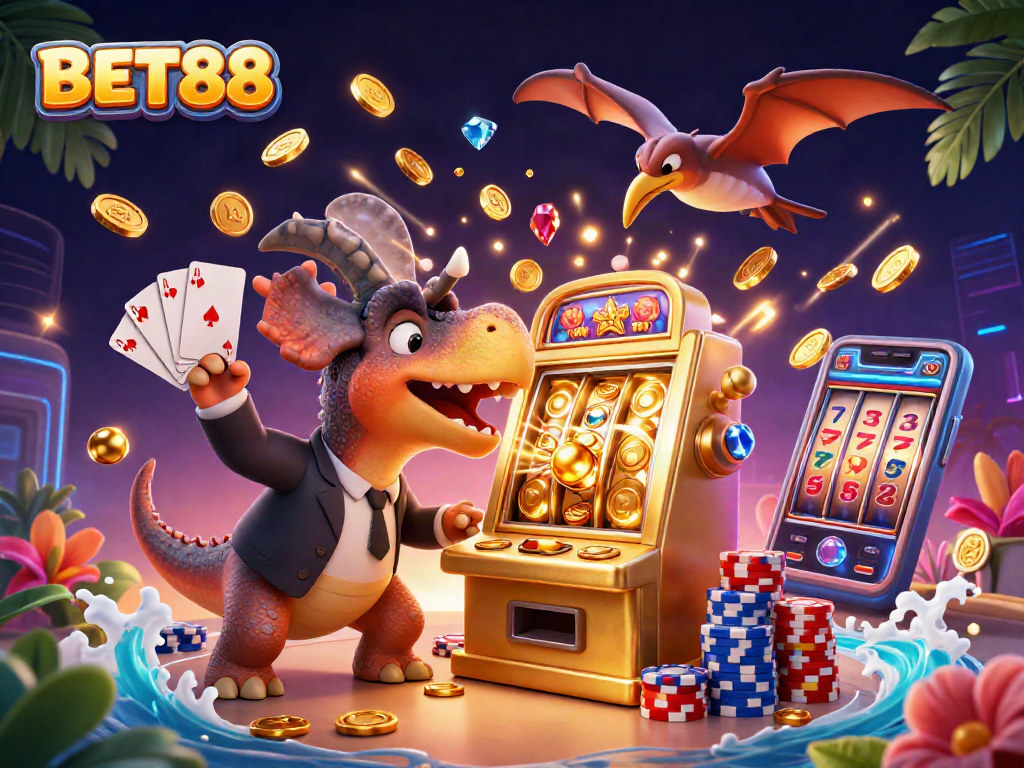 Join BET88 for a thrilling jackpot as a dinosaur headbutts a golden slot machine!