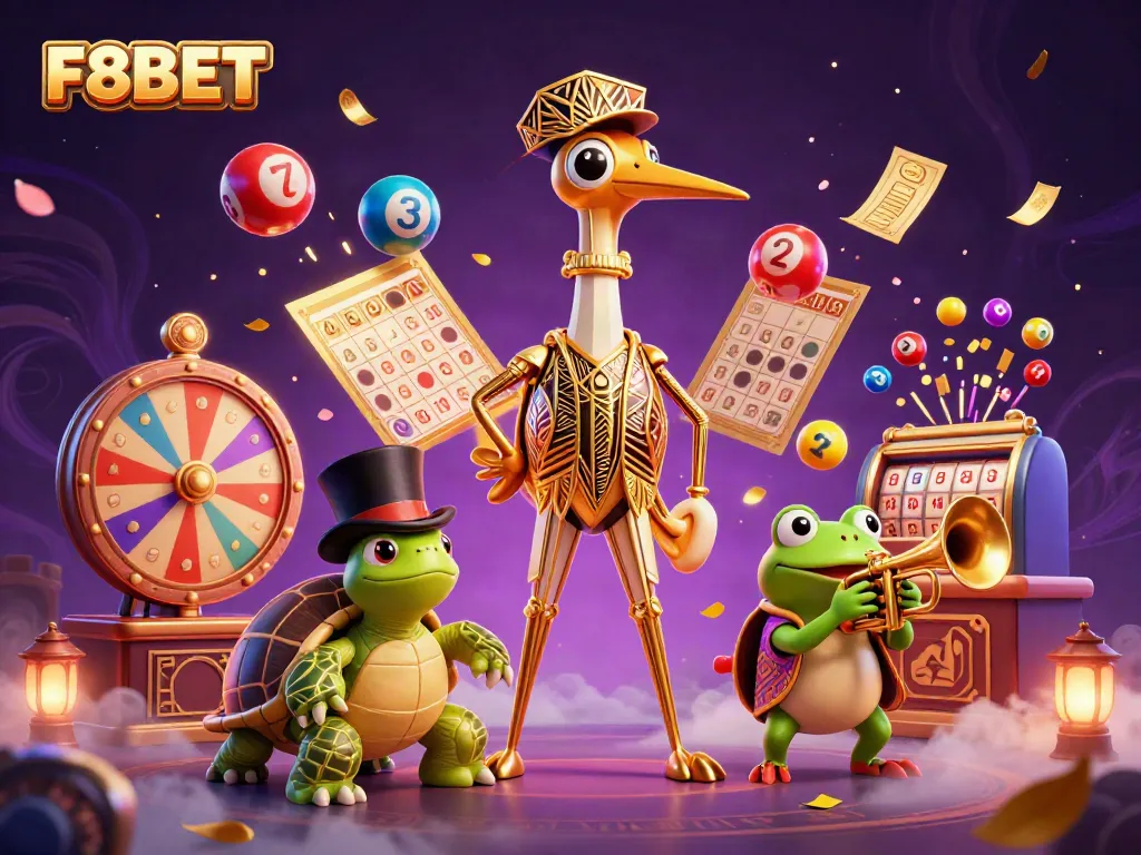 Experience the vibrant gaming scene at F8BET with colorful lottery elements and lively characters.