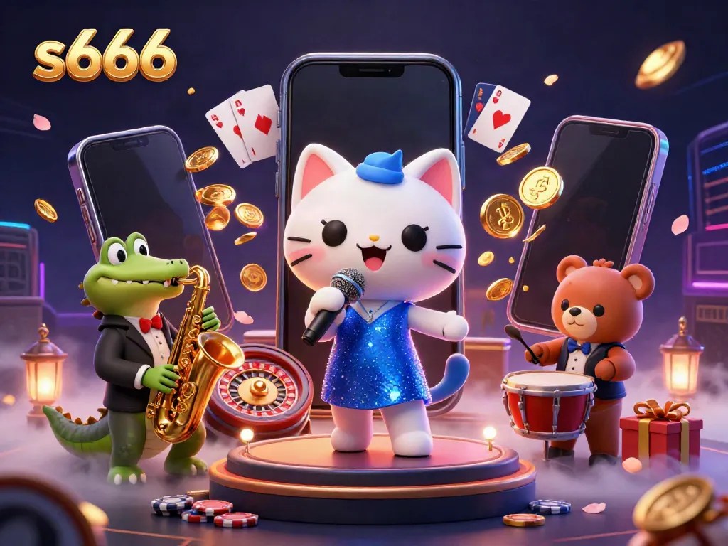 Experience the vibrant casino atmosphere of s666 with a jazzy cat, crocodile, and bear in a packed scene.