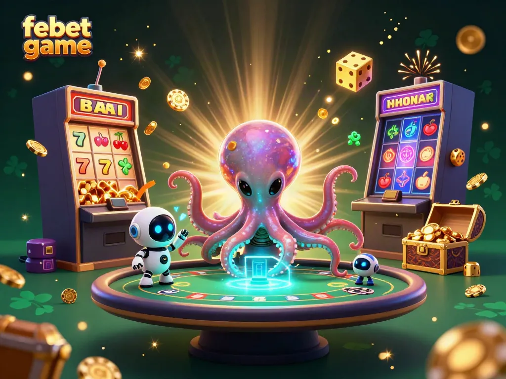 Engage in exciting febet game action with an alien octopus and robot at a dynamic poker table.
