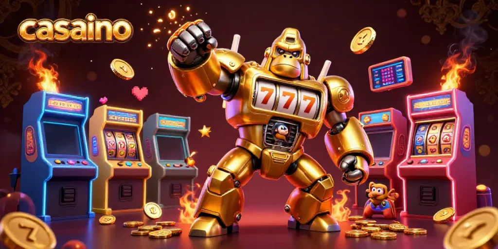Dynamic casino illustration showcasing a golden gorilla mech with explosive coins and slot elements.