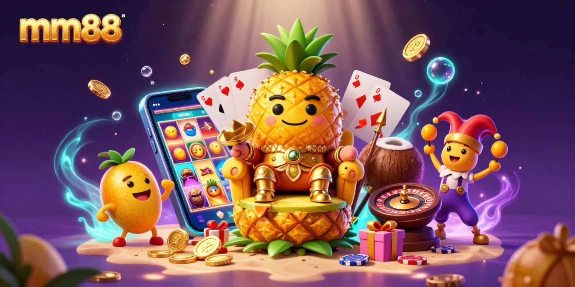 Experience thrilling gaming action with mm88's vibrant 3D scene featuring a golden pineapple king and lively characters.