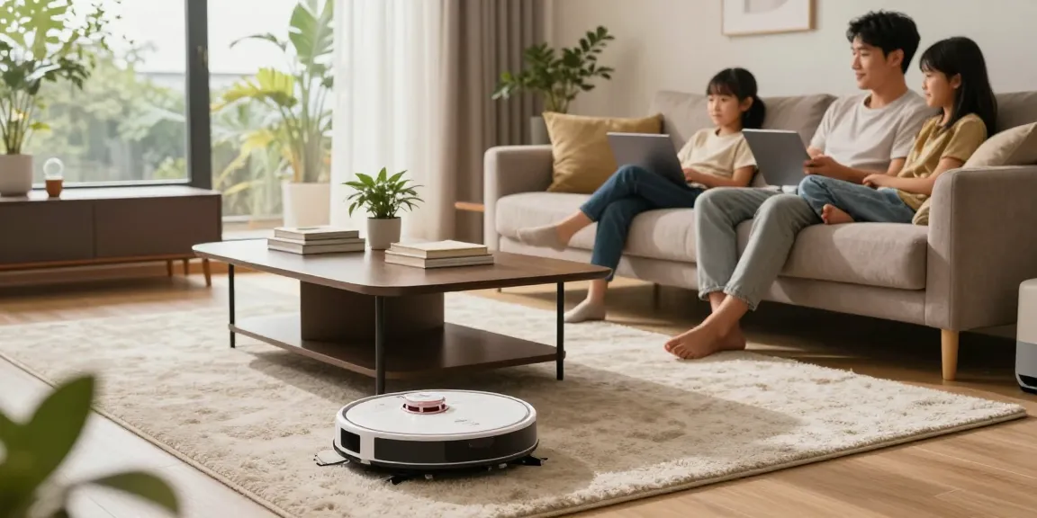 Robot vacuum 2026 operating in a stylish living room, showcasing modern design and smart home integration.