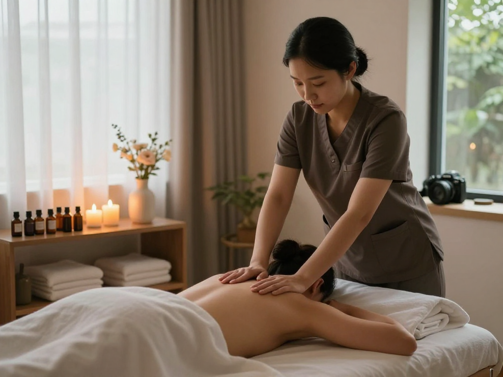 Relaxing 송도출장마사지 session in a serene therapy room with calming decor