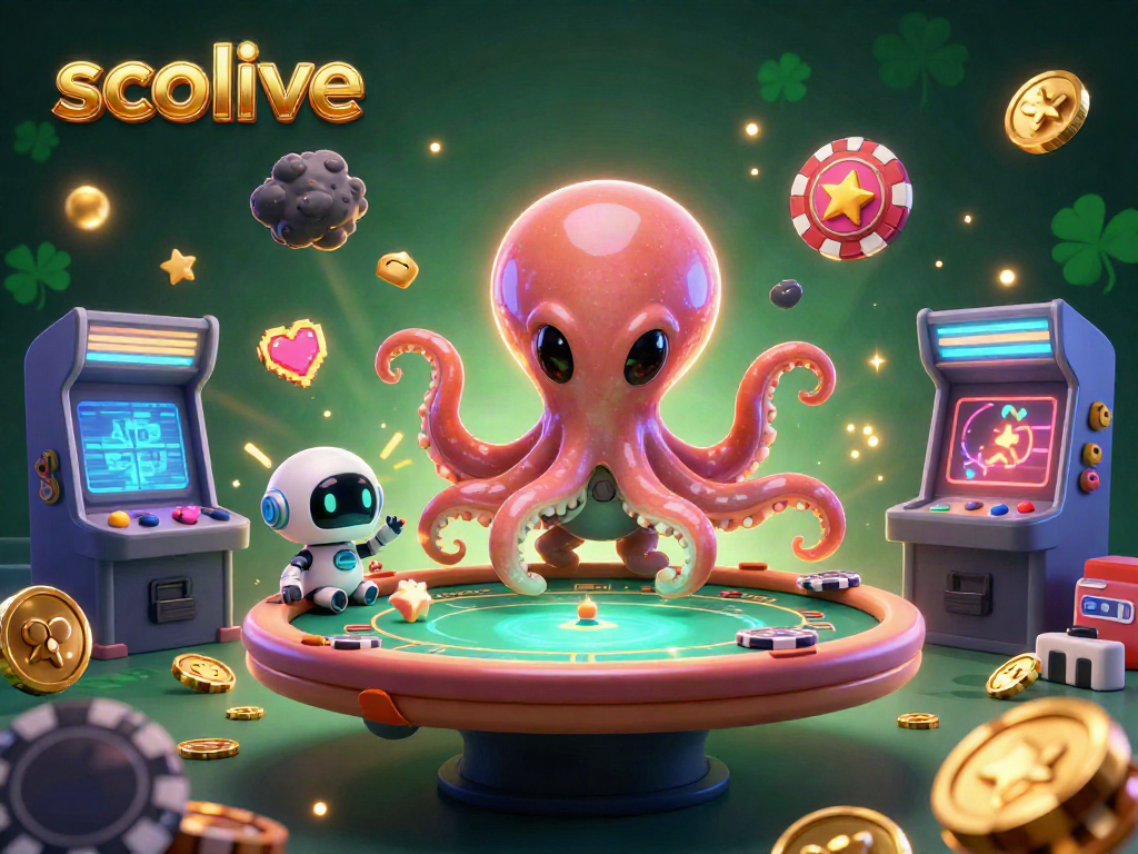 Socolive features an alien octopus playing poker with a robot companion amidst vibrant casino elements.