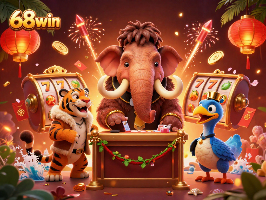 Experience 68win excitement as a woolly mammoth checks IDs at a vibrant casino entrance.