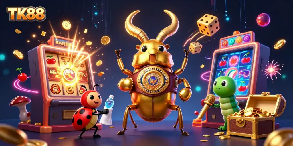 Experience the exhilarating TK88 online gaming vibe with our vibrant 3D illustration packed with action and casino elements.