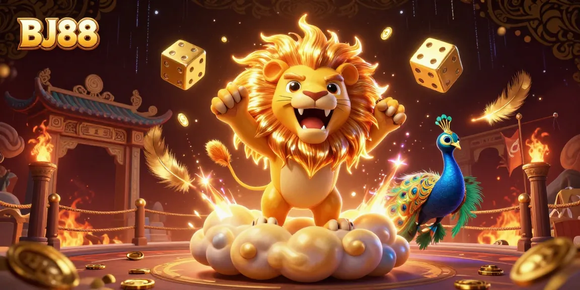 Experience thrilling online gaming at BJ88 with a vibrant 3D illustration showcasing casino characters and elements.