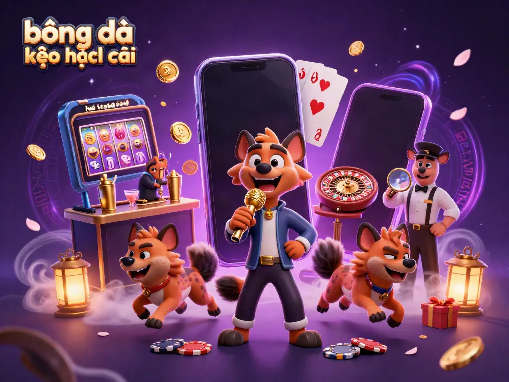 Watch the hyenas as they perform stand-up comedy while surrounded by vibrant casino elements in this exciting bóng đá kèo nhà cái illustration.