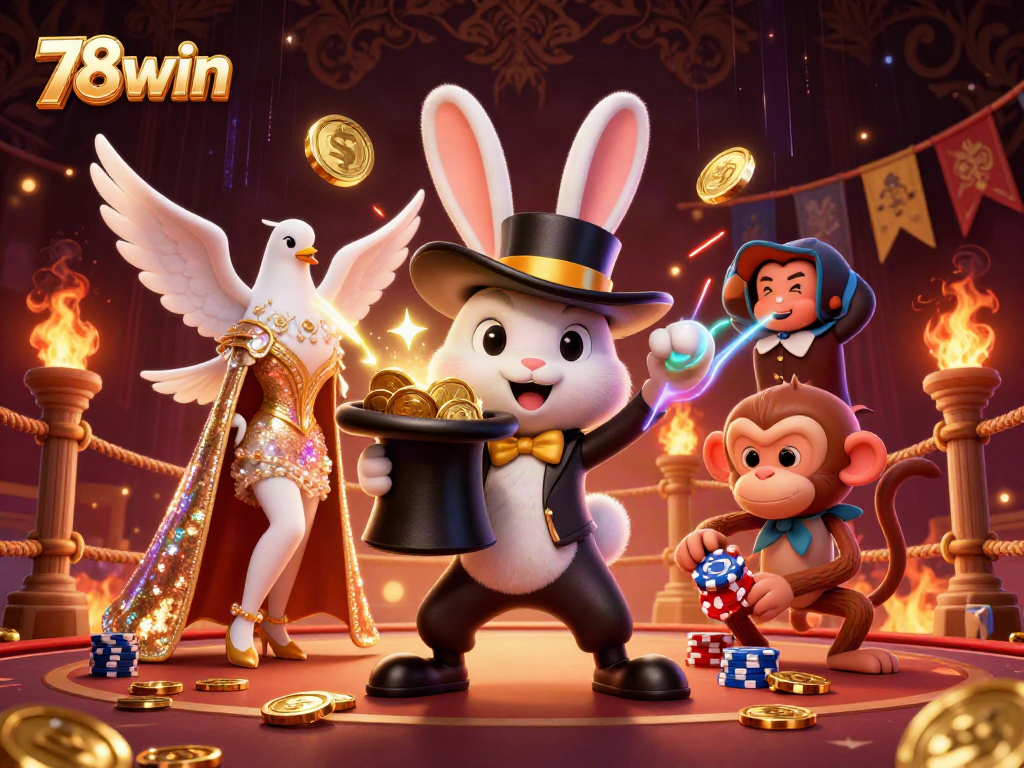Engage in thrilling gameplay at 78win with a vibrant 3D casino illustration featuring a magician rabbit