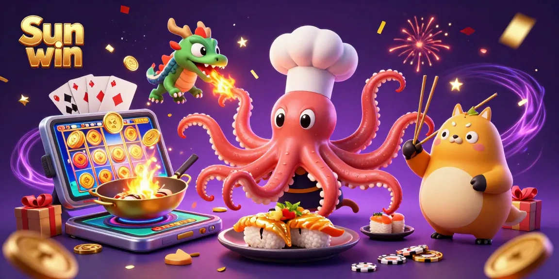 Experience the thrill of Sun win with vibrant animations showcasing a sushi chef octopus and more in a dynamic casino scene.
