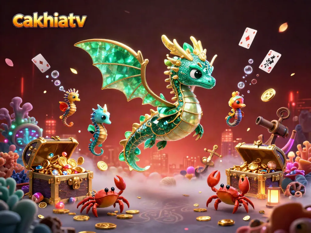 Experience thrilling gaming action with cakhiatv's immersive illustration featuring magical sea creatures and casino elements.