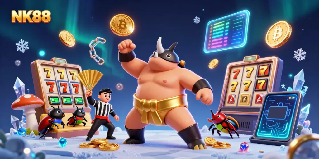 Experience thrilling gameplay at NK88 with a dynamic scene featuring a sumo champion beetle amidst flying coins.