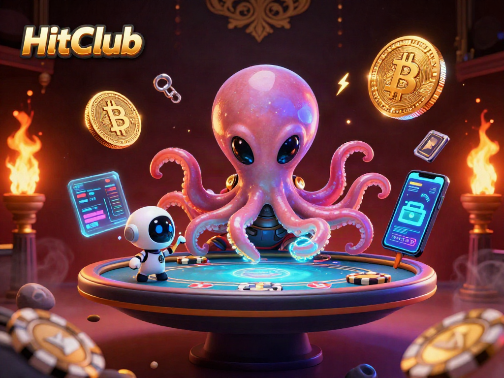 HitClub themed cartoon scene featuring an alien octopus at a poker table surrounded by crypto coins.