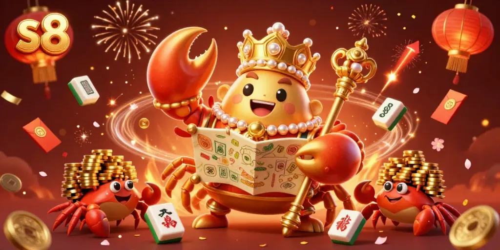 Immerse in the vibrant world of s8's casino with a golden crab emperor and festive gaming elements.