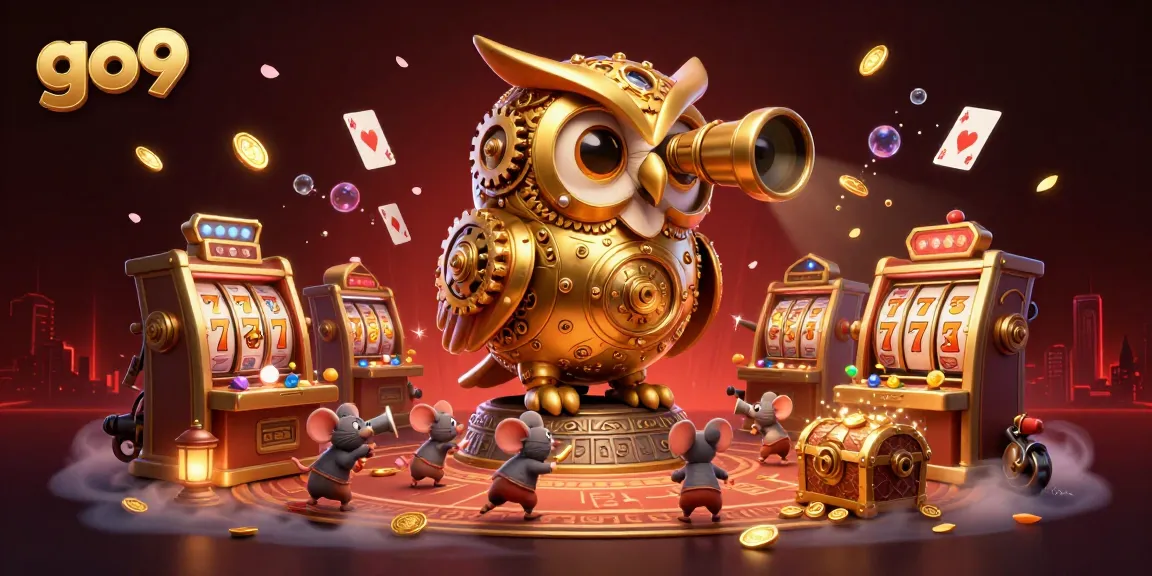 Engage with the go9 casino experience as a golden owl surveys vibrant slot machines with playful mice.