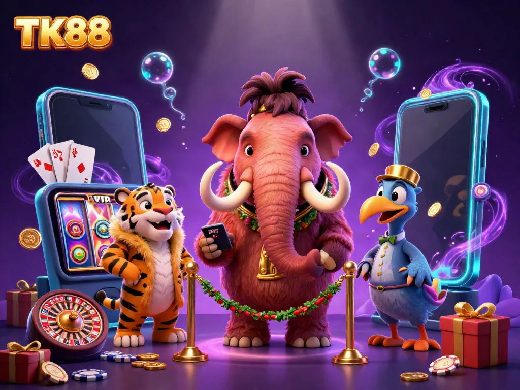 TK88 gaming action with a colorful slot game, coins erupting, and vibrant casino characters