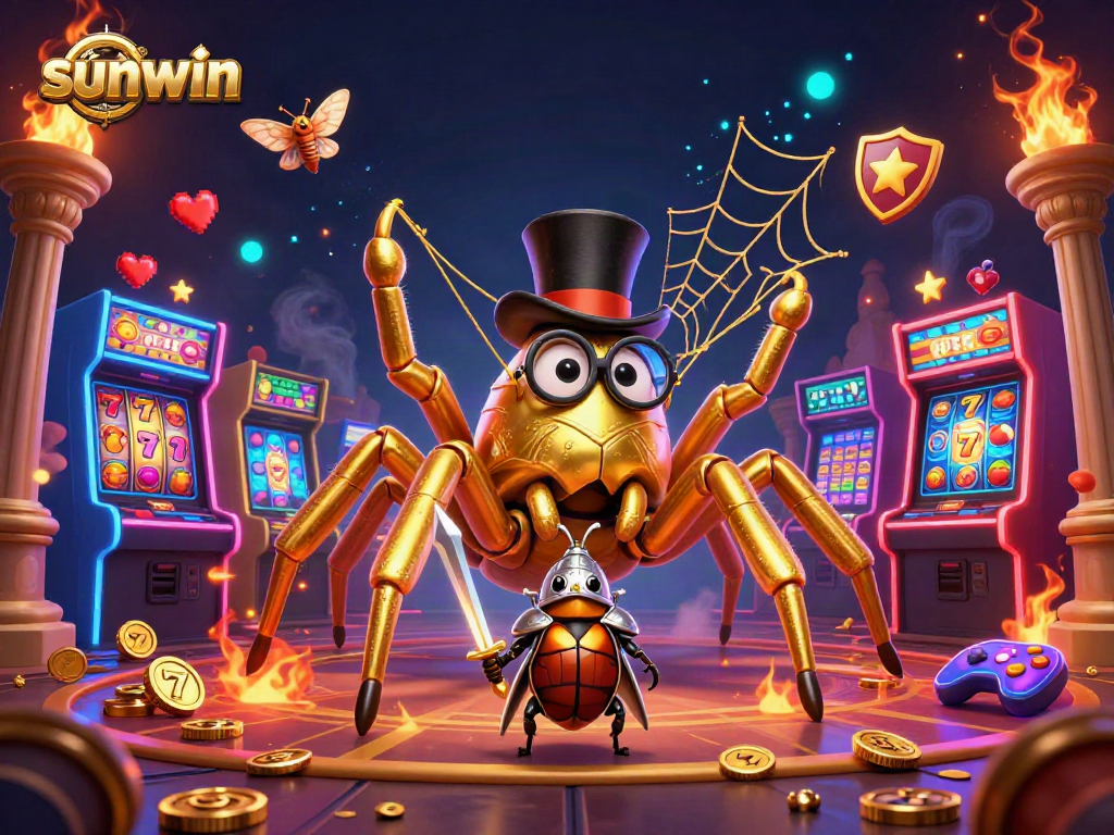 Experience sunwin's colorful casino adventure with a golden tarantula and beetle knight.