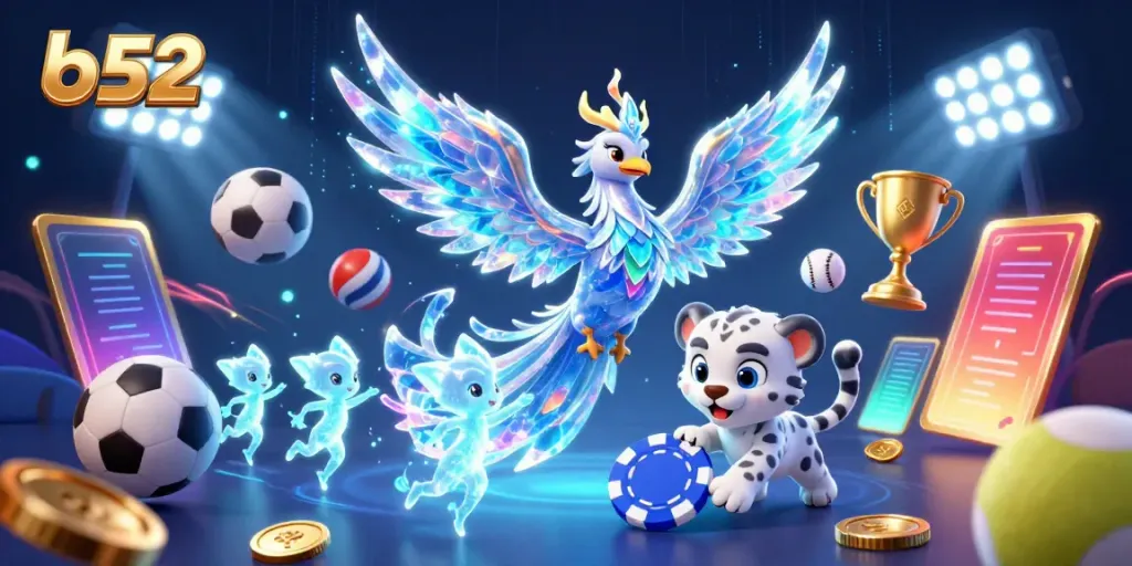 Experience the thrill of b52 with a vibrant casino scene featuring an ice phoenix, dice, and poker elements.