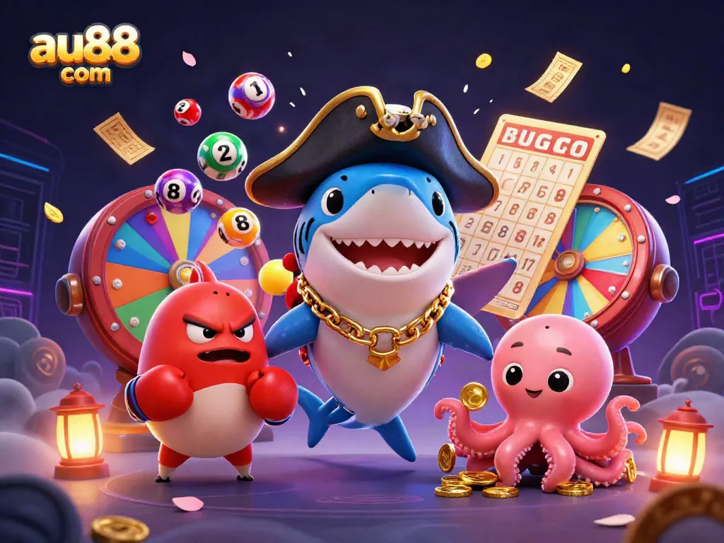Experience excitement at au88 com with a pirate shark, boxing pufferfish, and octopus, surrounded by vibrant game elements.