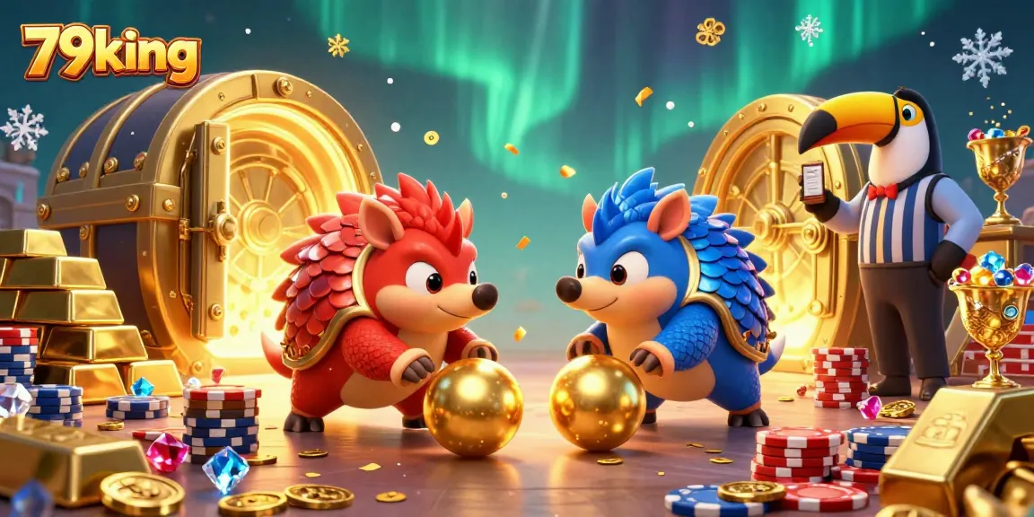 Experience winning gameplay with 79king as friendly pangolins roll through golden poker chips in a vibrant casino scene.