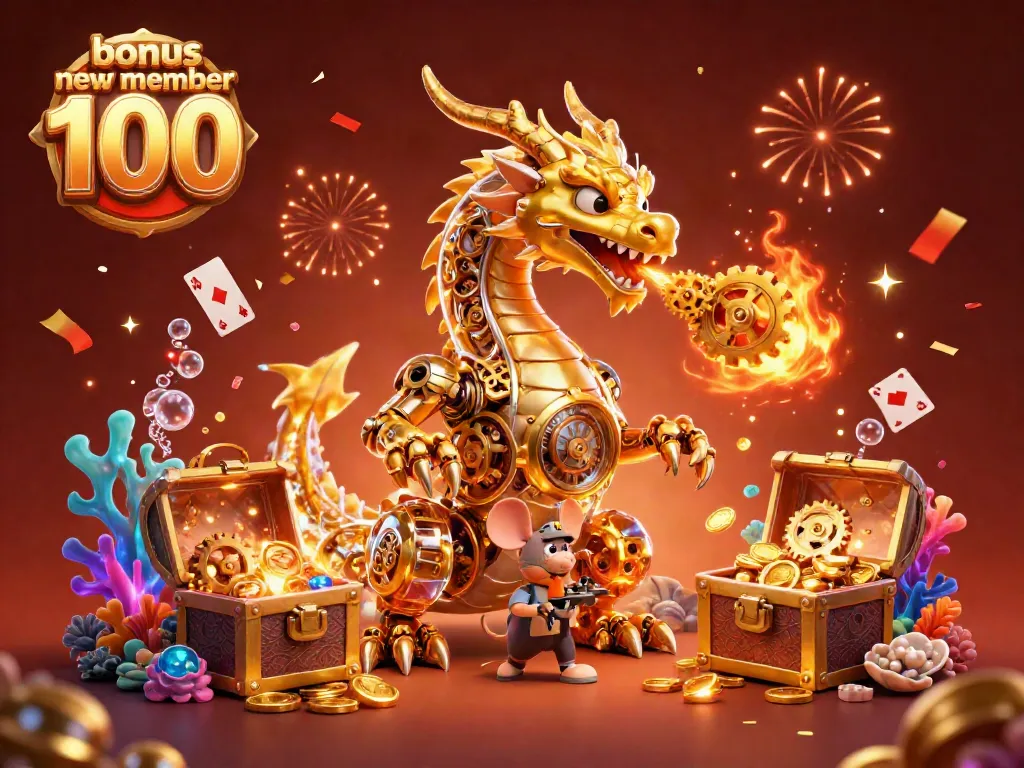 Experience the thrill of gambling with bonus new member 100 featuring a golden dragon and treasure chests of coins.