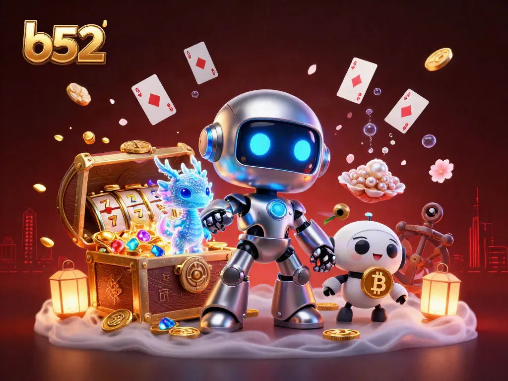 Engage with the b52 Casino world, showcasing a vibrant scene filled with gold coins, slot reels, and a dynamic robot mascot.