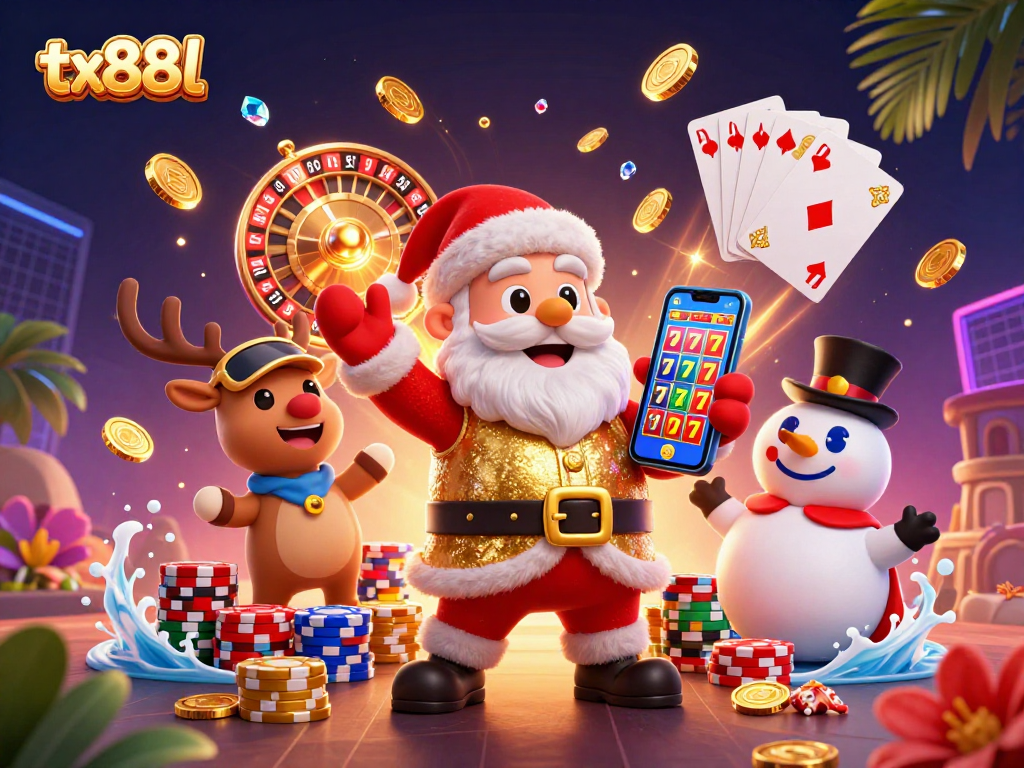 Engage in fun at tx88l with festive characters enjoying jackpot slots, showcasing vibrant casino elements.