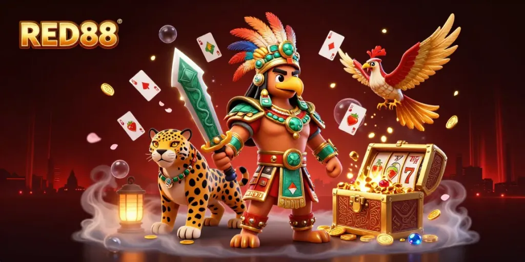 Experience the excitement of RED88 casino with Aztec warriors and vibrant gaming symbols.