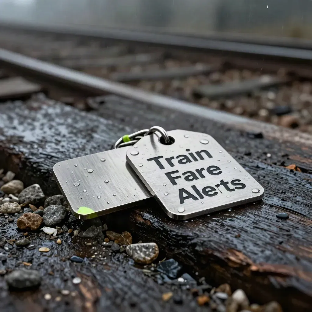 Macro of rain-dark train fare alert materials: steel rails, blank token, gravel, timber.