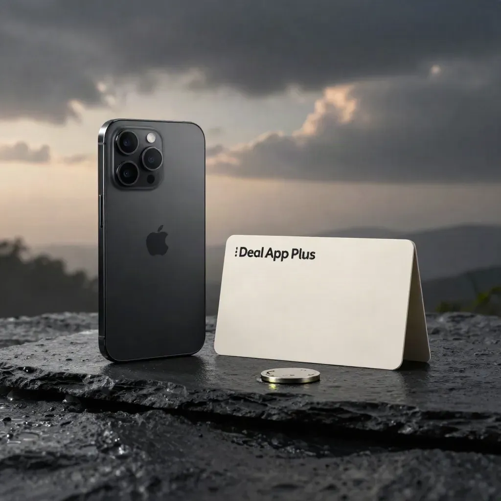 Black smartphone kit on wet slate with card, sleeve and cashback token in moody studio light.