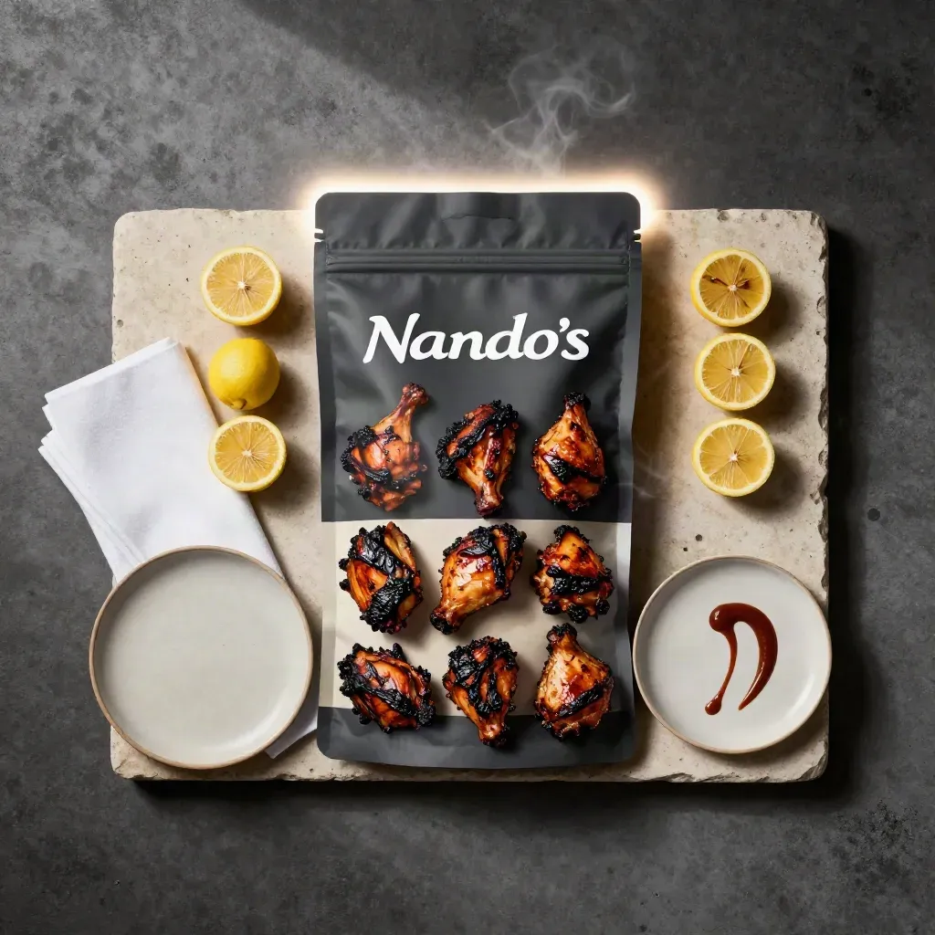 Overhead flatlay of chicken, lemons, napkins and a blank meal code pack on stone.
