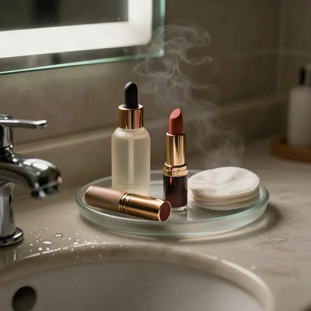 Serum, lipstick, cotton pad and frosted tray beside a sink in dim bathroom vapor