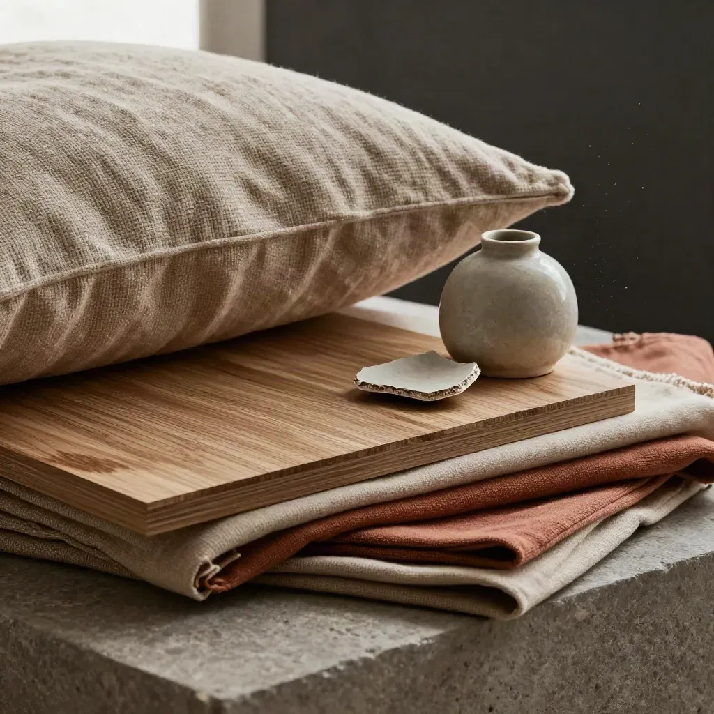 Macro stack of linen, oak, ceramic shard and throw fabric on a stone plinth.