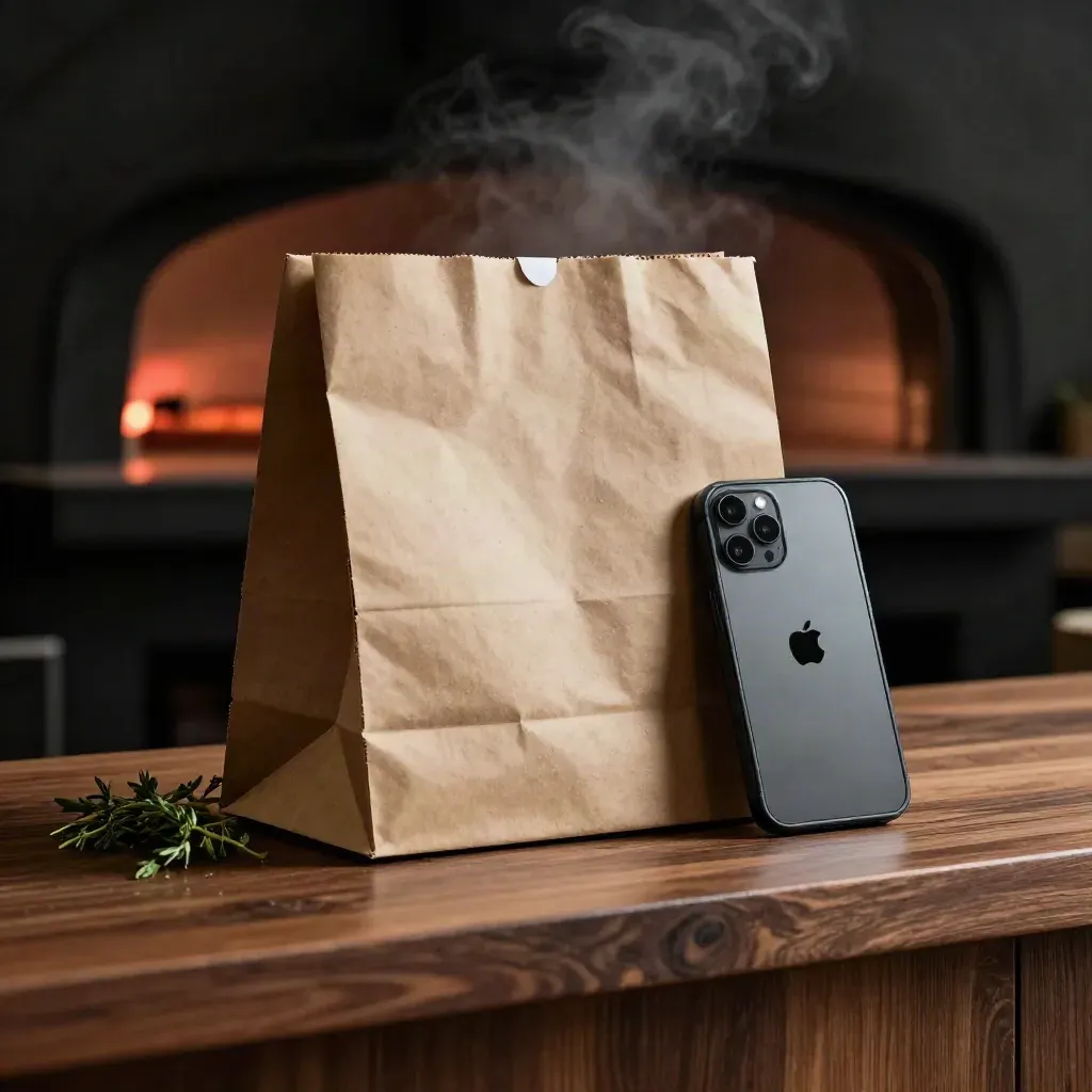 Pizza voucher bundle with box corner, herbs, paper bag and phone tile on a walnut ledge
