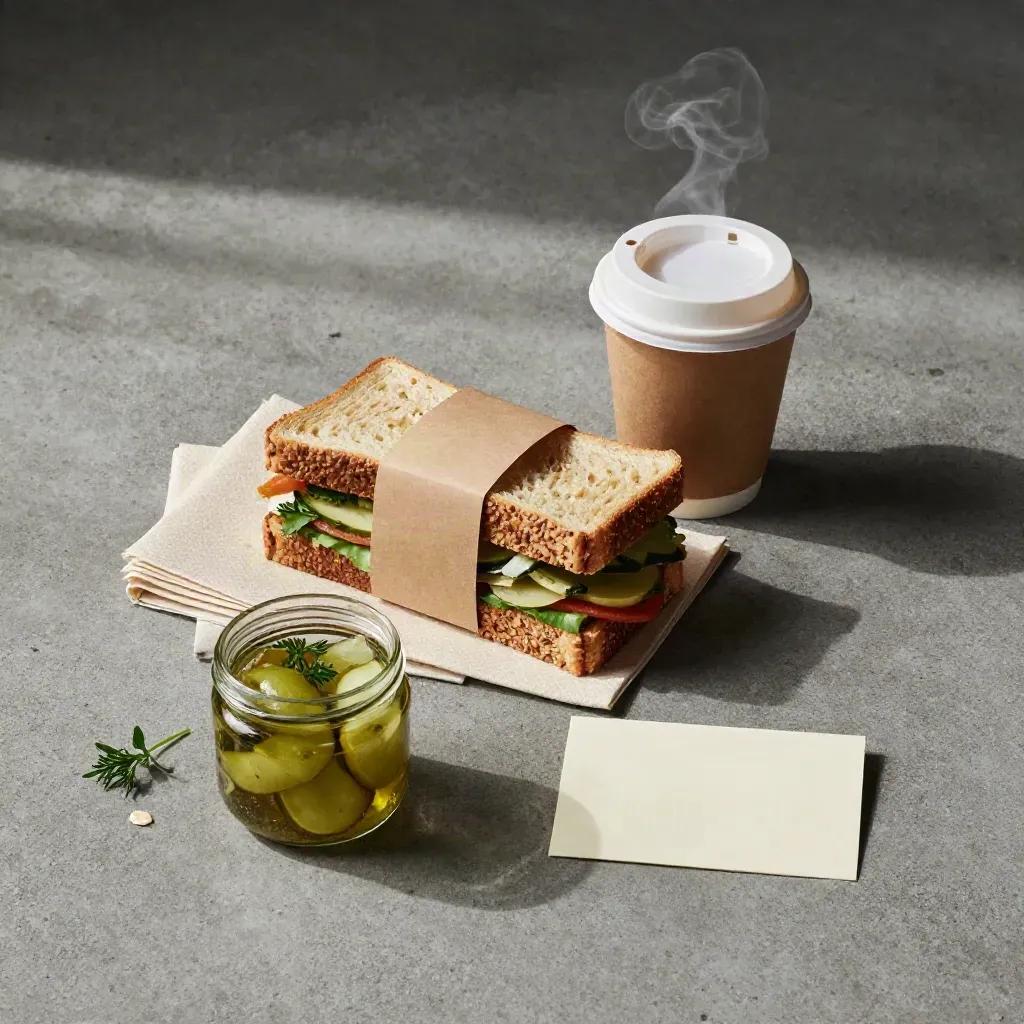 Top-down flat lay of lunch items with coffee steam, pickled veg jar, and blank card on concrete.