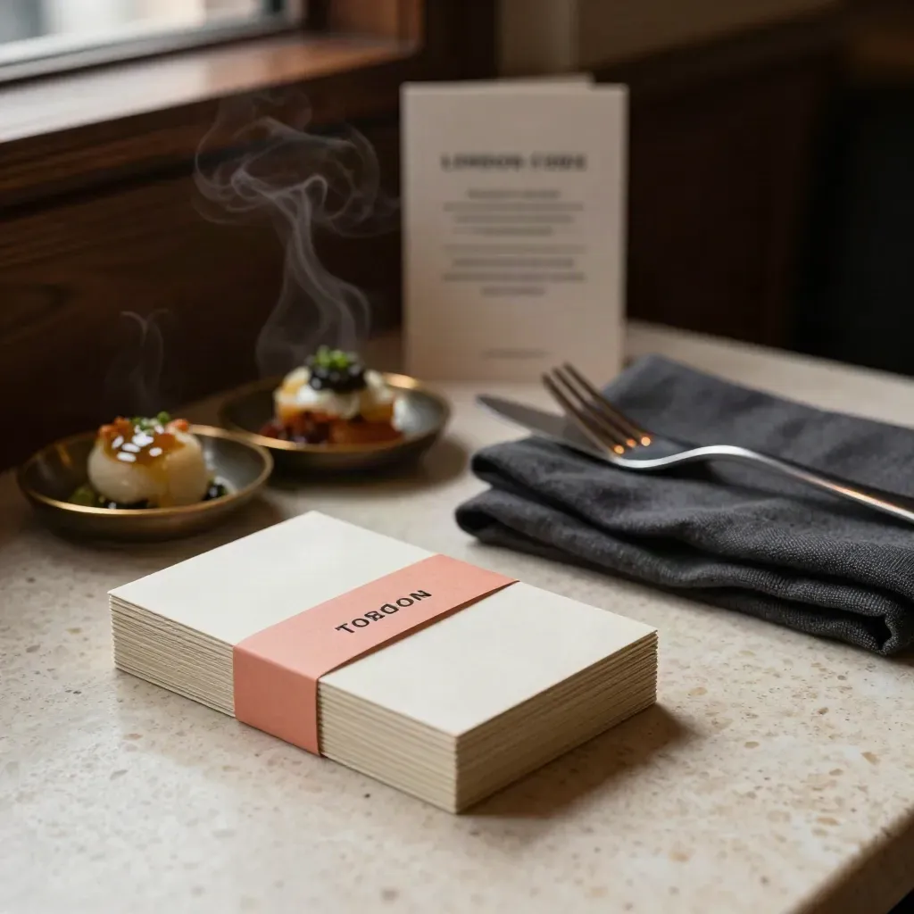 Travertine restaurant still life with a deal card bundle, two small plates, linen, and cutlery.