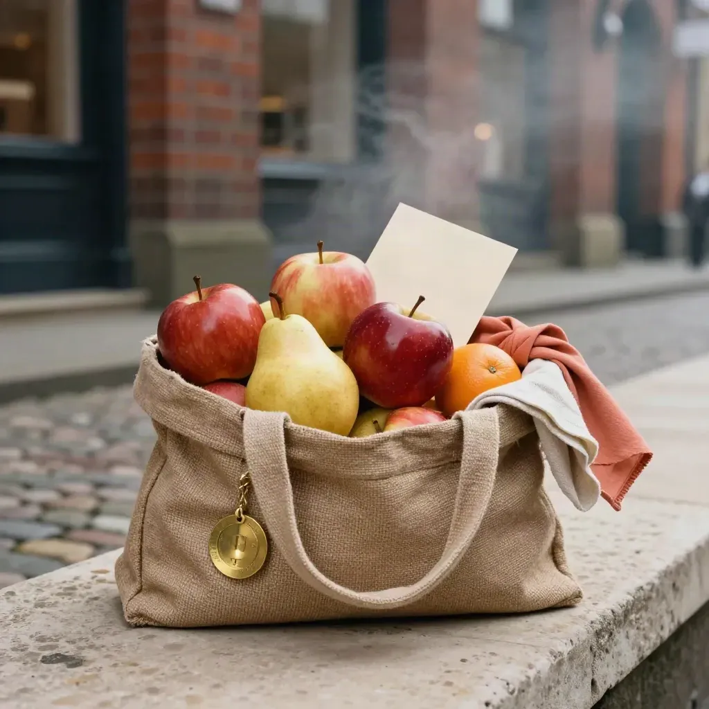 Birmingham market bargain bundle with tote, fruit, blank card and brass token in soft studio light.
