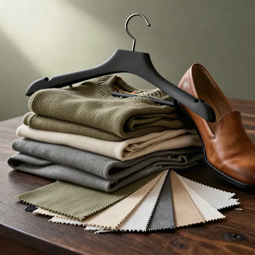 Folded knitwear, leather shoe, hanger and fabric swatches in a moody fashion material study.
