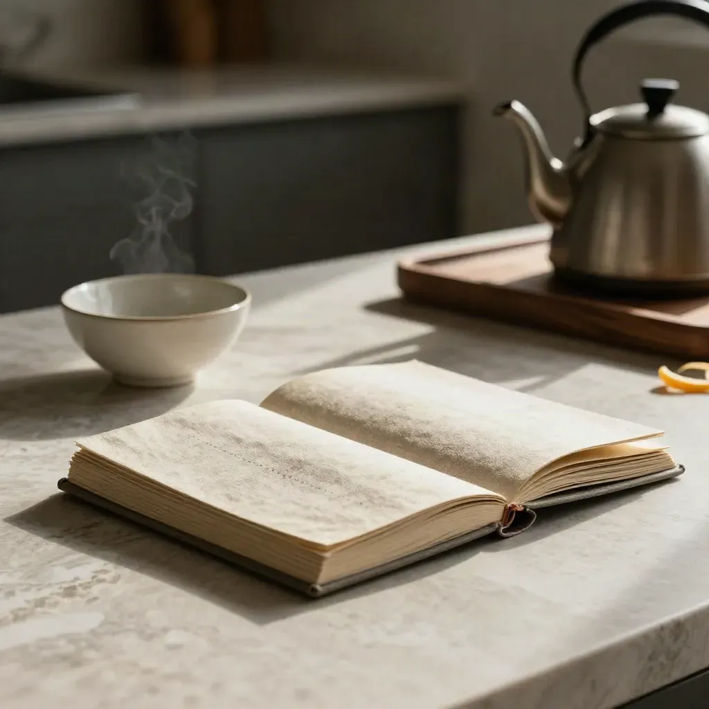 Sunlit marble worktop with linen notebook, ceramic bowl and blurred kettle silhouette.