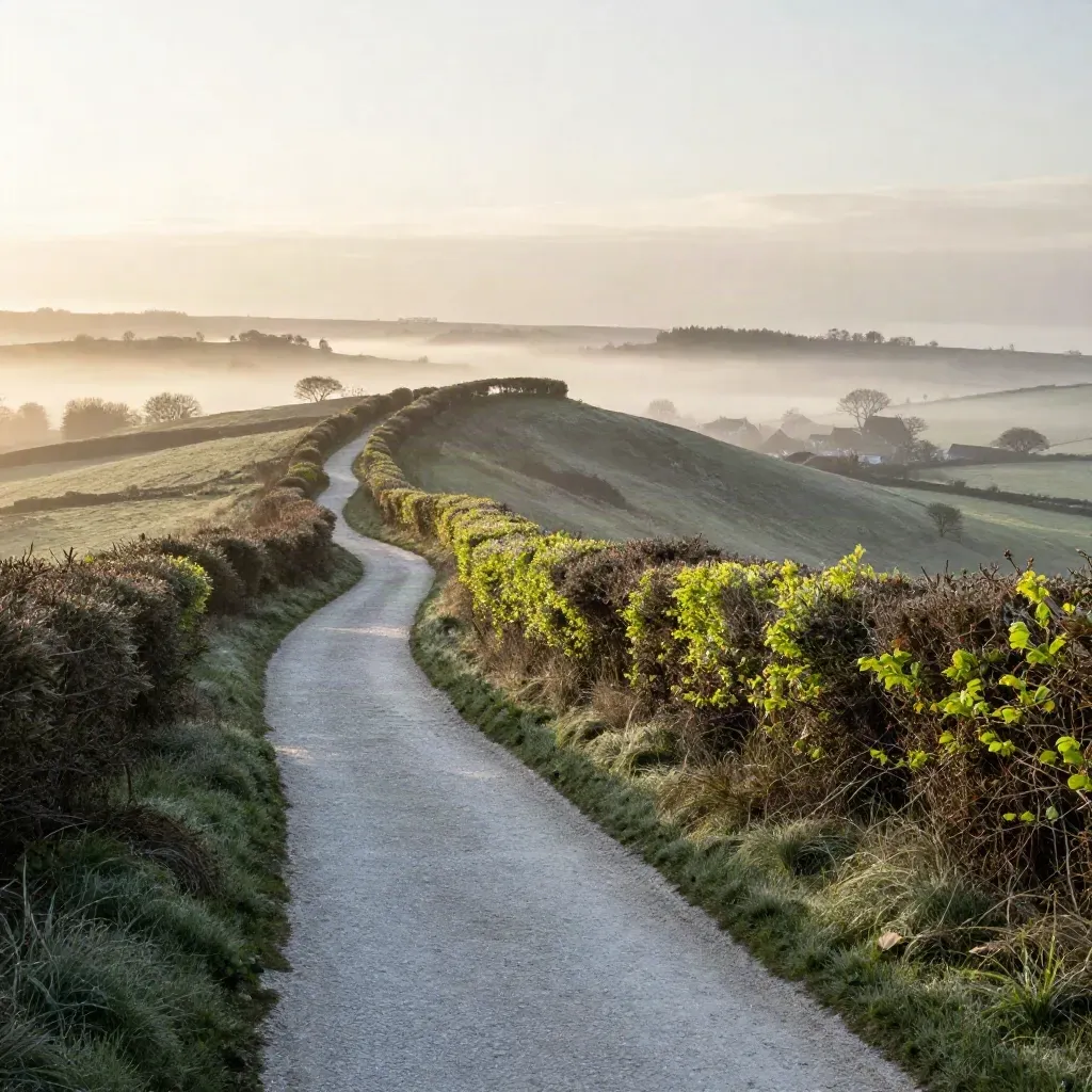 Chalk hillside path above a misty valley with hedgerow and distant village roofs at dawn.