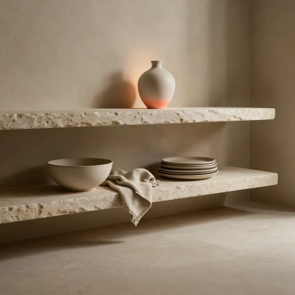 Stone shelf with ceramic vase, lamp glow, folded throw and calm empty space for headline.