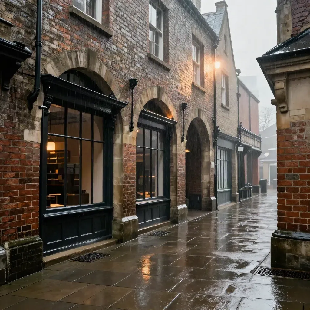 Rain-washed brick arcade with glowing arches and wet paving