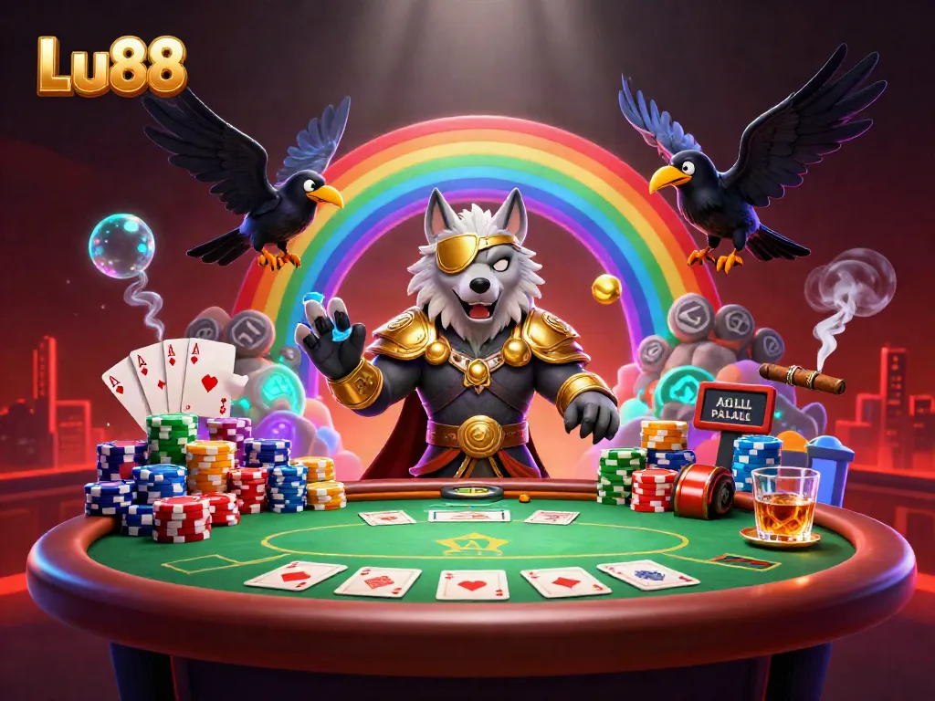 Lu88 showcases a vibrant Norse-themed casino scene featuring Odin and his ravens amidst dynamic poker elements.