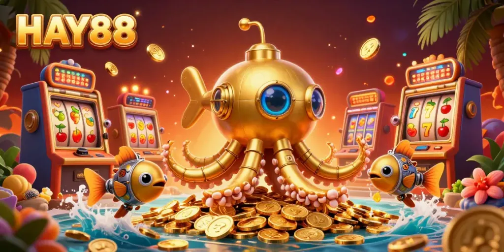 Engage with HAY88's exciting slot machines, featuring golden kraken and mechanical fish in vibrant casino setting.