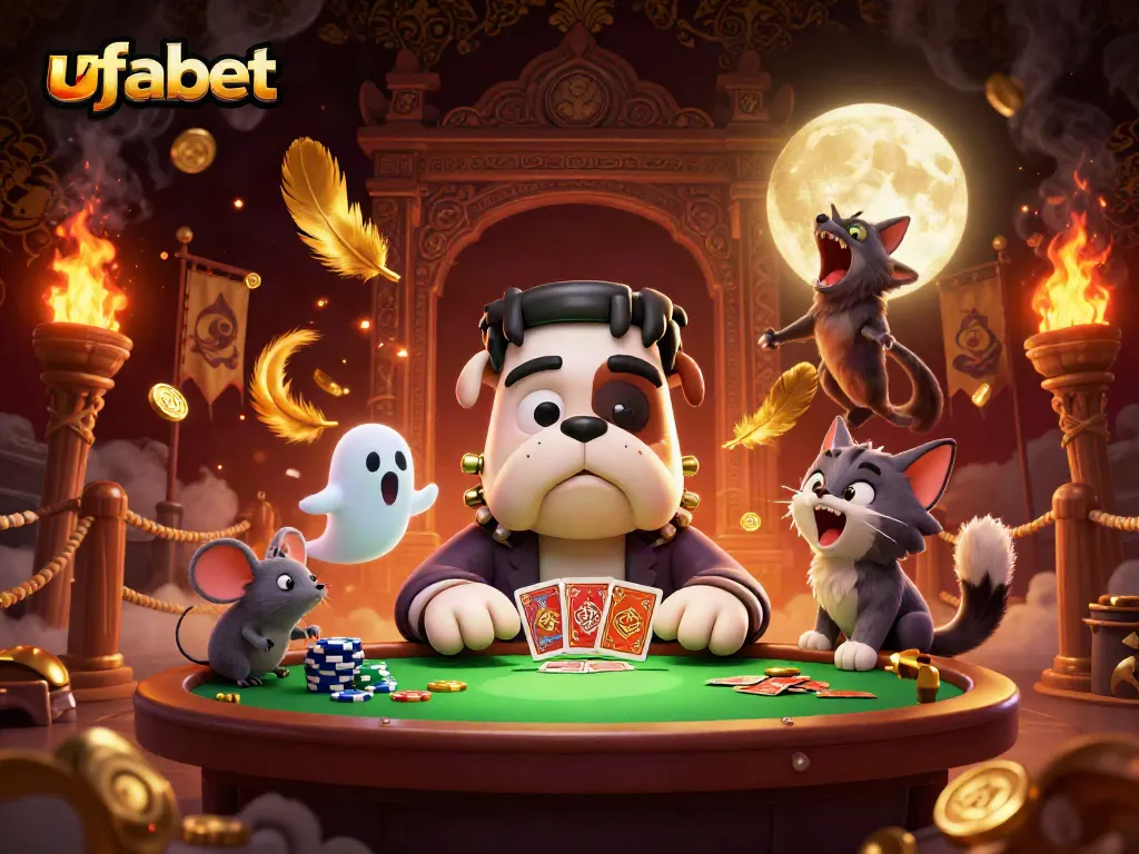 Engage in thrilling ufabet gaming with a Frankenstein bulldog dealer and gold elements.