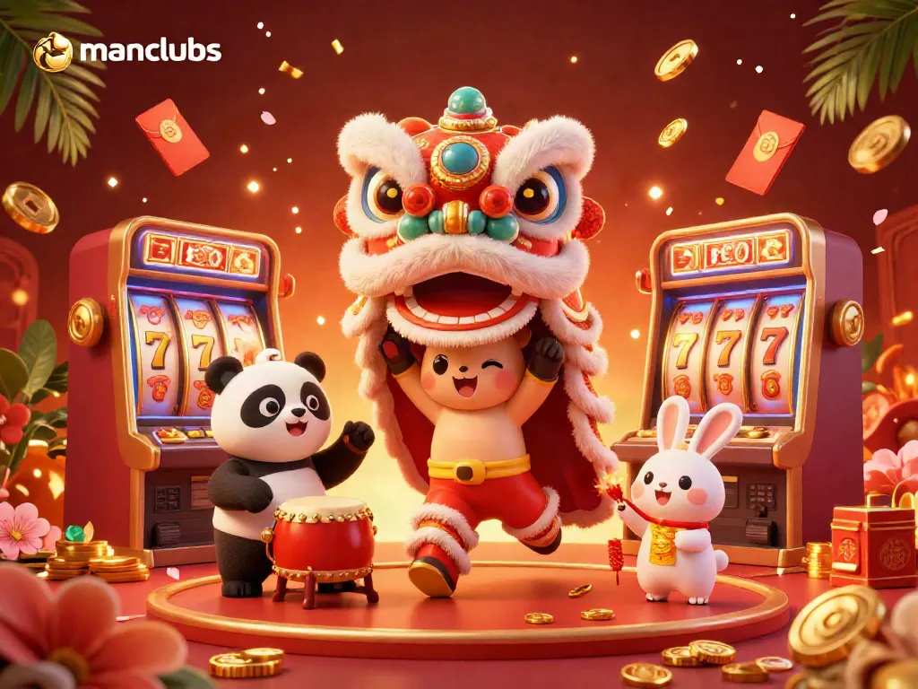 Engage with manclubs in a vibrant casino atmosphere featuring a lion dance and animated slot machines.