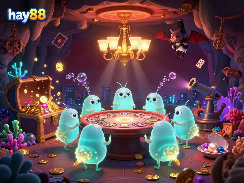 Experience the thrill of the hay88 casino with glowing elements and a bat dealer in this vibrant scene.