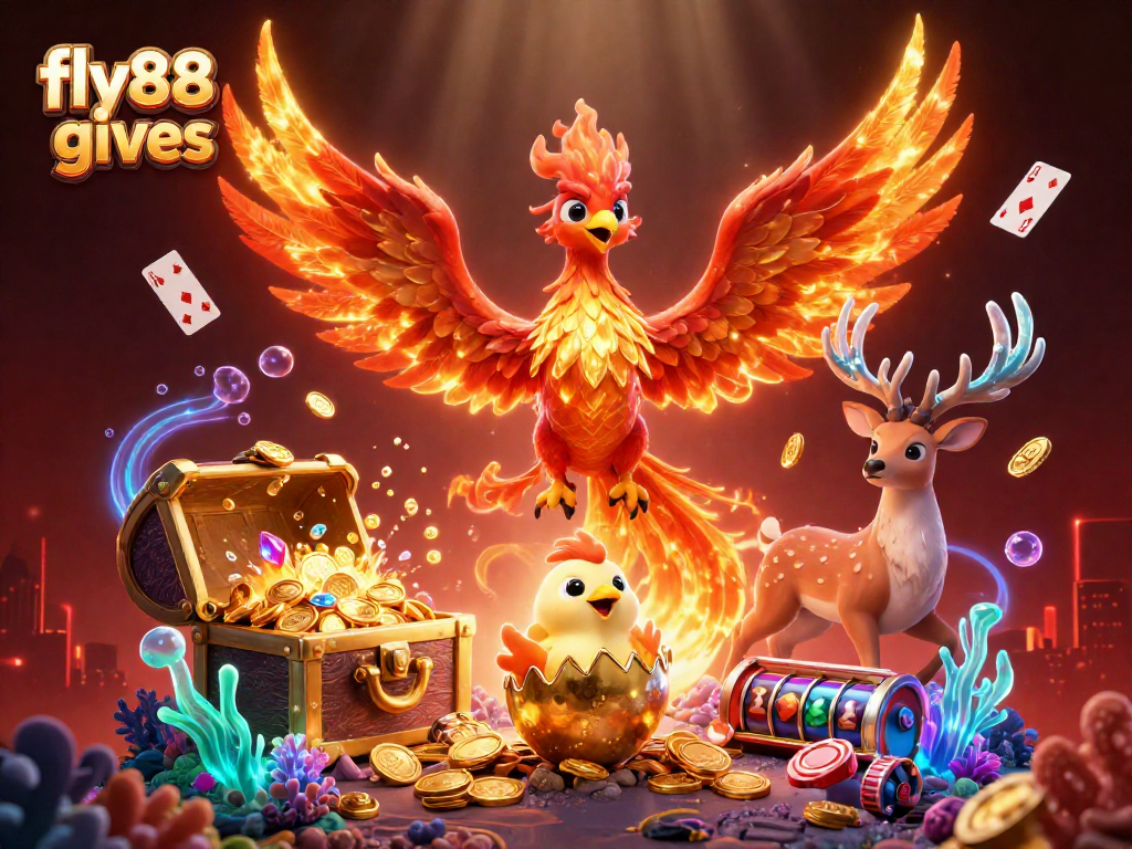 Engage with fly88 gives as a phoenix soars alongside a chick and mystical stag in a vibrant casino scene.
