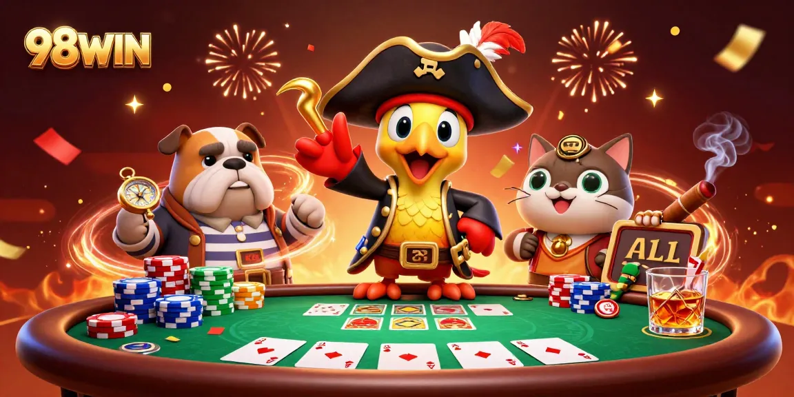 Experience 98WIN's thrilling atmosphere with a pirate captain and vibrant casino action!